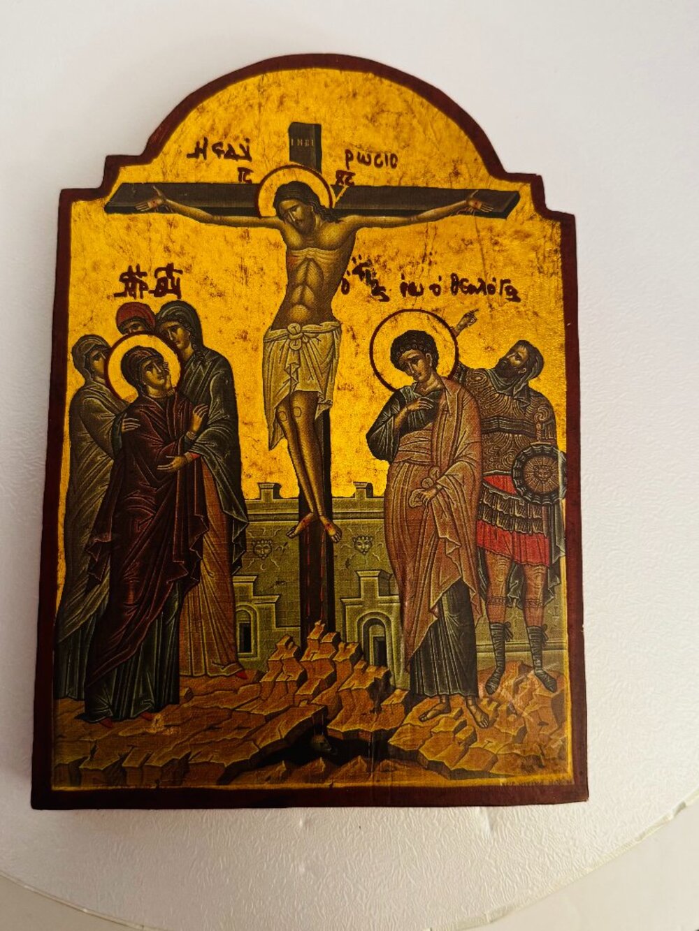 Crucifixion Christ Icon Orthodox Byzantine Handmade Wall Plaque 5.5x8 Flat Wood